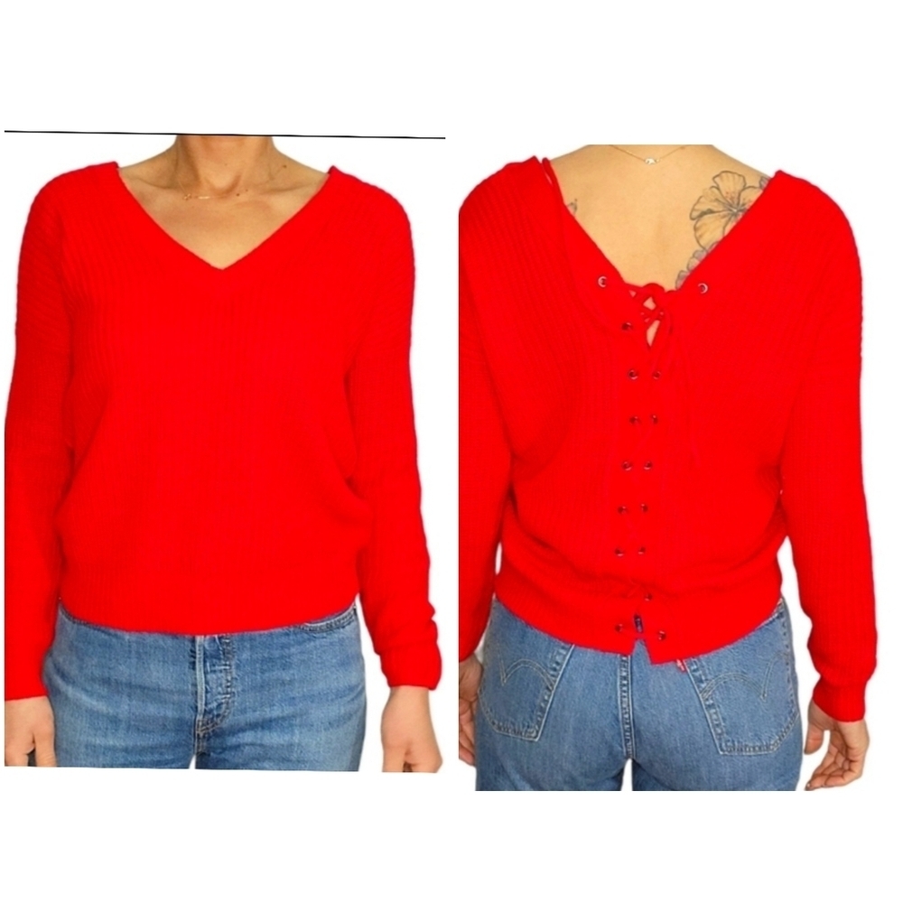 Cloth Lace Up Back V Neck Sweater Size X Small Red Ribbed Knit